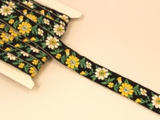 チェコ刺繍リボン 黒 白と黄のお花 アンティーク