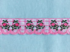 ピンクつぼみの刺繍 スカラップリボン チェック アンティーク ヴィンテージDeco