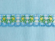 つぼみの刺繍 スカラップリボン 水色のチェック アンティーク ヴィンテージDeco